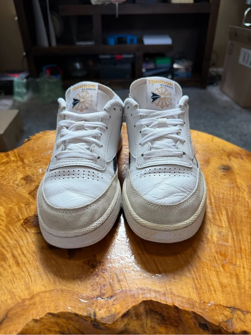 Reebok Men’s White Leather Sneakers with Navy & Yellow Accents